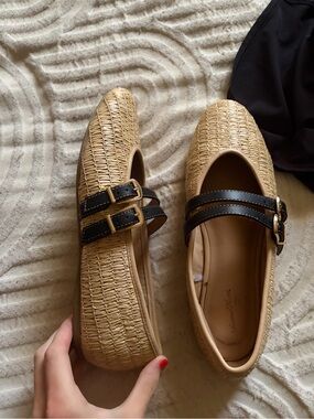 Target Tan Woven Flats with Black Double Straps